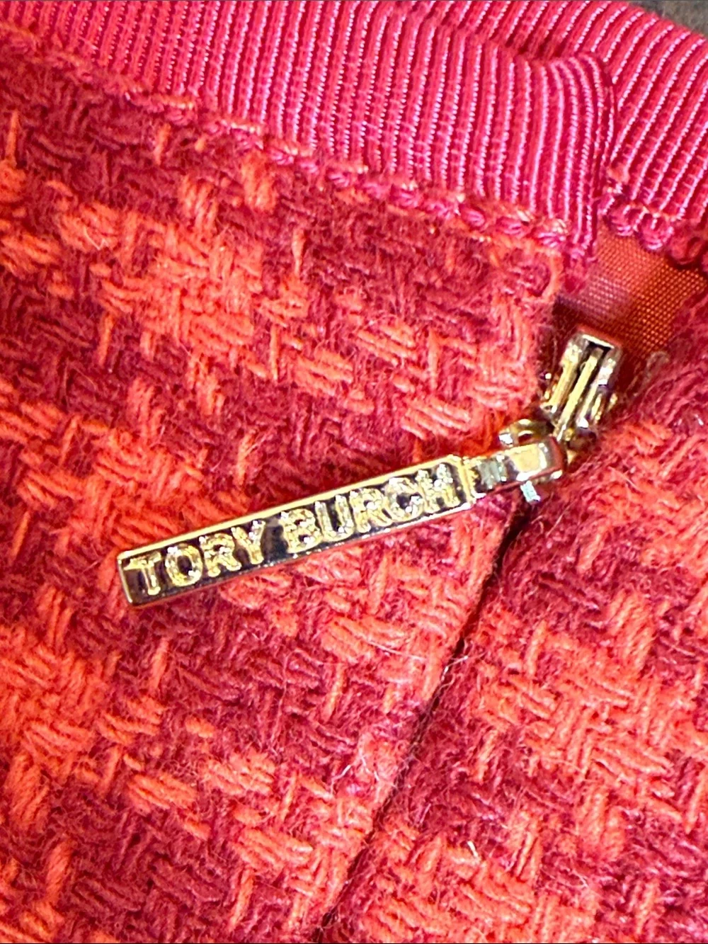 Tory Burch Red Houndstooth Wool Blend Pencil Skirt Size 8